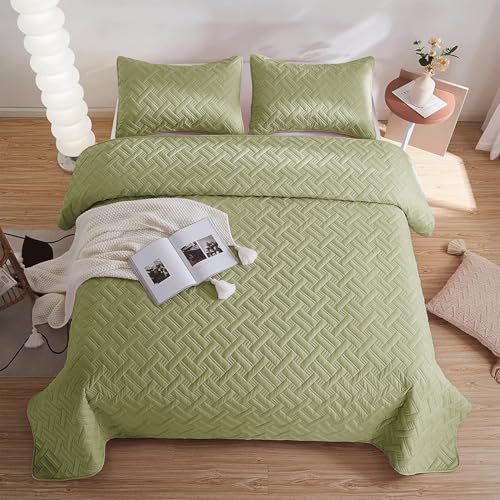 Image of BSB HOME 100% Cotton Ultrasonic 280 Tc Solid King Size Quilted Bed Cover /Bedspread /Rajaai with 2 Pillow Case, (Luxurious, Olive Green or Pastle Green, 90X100 Inches, 254X228 cm)