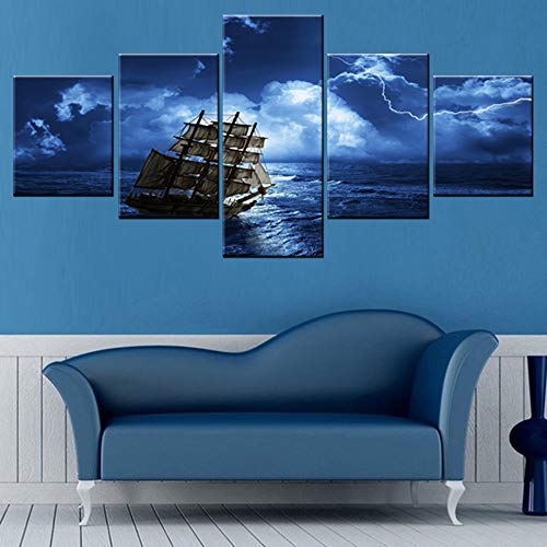 5 Panel Wall Art Sailing-Ship Struggling from Storm Pictures for