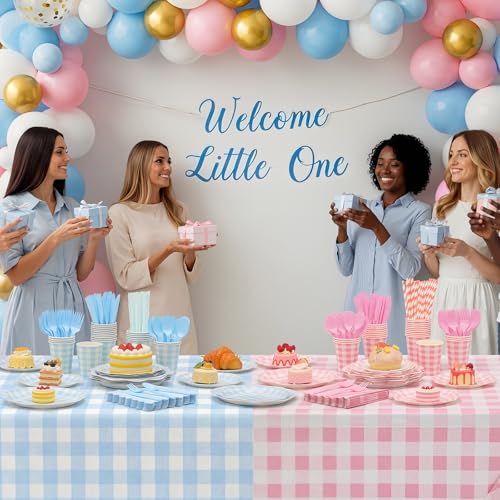 Image of Funnymoom 452 Pcs Gender Reveal Gingham Party Decoration for 50, Pink and Blue Gingham Checkered Paper Plates Napkins Cups Tablecloth Cutlery Straws for Gender Reveal Baby Shower Party Supplies