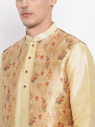 Image of VASTRAMAY Men's Beige Cotton Silk Blend Kurta, Ethnic Jacket and Pyjama Set
