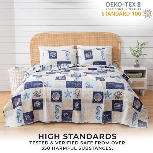 Great Bay Home Full/Queen Coastal Quilt Bedding Set, Summer Coastal Quilt with Shams, Beach 3-Piece Reversible All Season Bedspread Quilt Set. Lightweight Nautical Quilted Coverlet. Navy/Taupe - Image 5