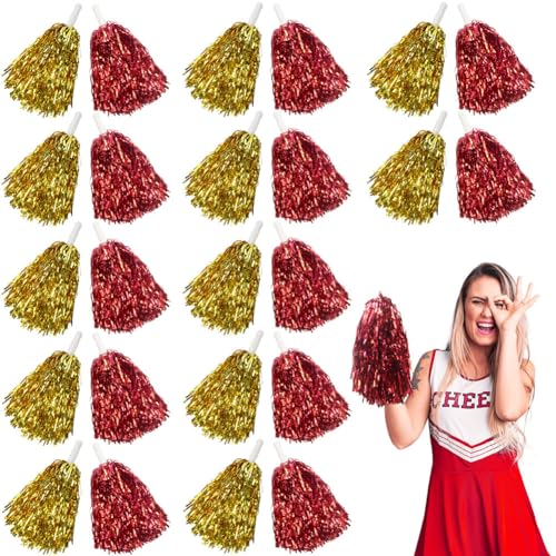 Lovecheer 24PCS Metallic Gold and Red Pom Poms Cheerleading with Handle