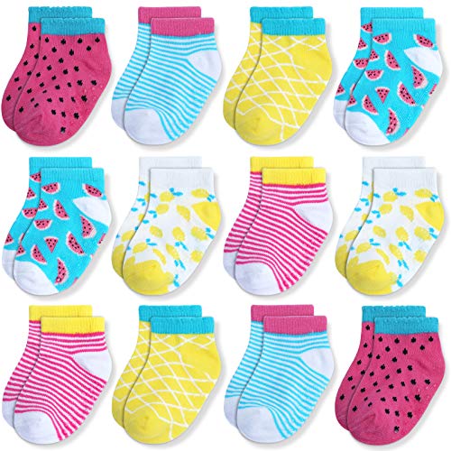 JAKIDAR 12-Pair Baby Girl Socks Non-Slip Cotton Toddler Socks Ankle Socks for Baby, Yellow & Darkmagenta