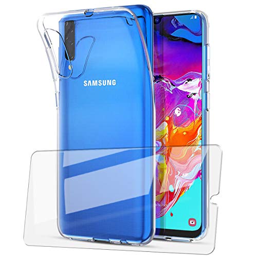 UCMDA Coque pour Samsung Galaxy A70 + Verre trempé écran Protecteur, Souple Transparente TPU Etui Housse + Film Protection d'Écran en Verre Trempé pour Samsung Galaxy A70