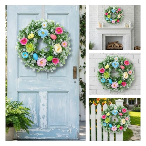 Corona de primavera y verano artificial de 35 cm con flores para puerta de casa 6