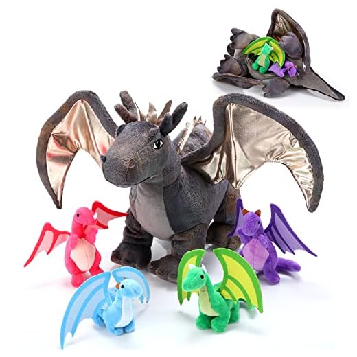 HyDren 5 Pieces Plush Toy Set Large Stuffed Animal with 4 Cute Dragons in Mommy Dragon's Belly Colorful for Boys Girls Birthday Gifts Party Favors, 16 inches/ 40 cm, 4 inches/ 10 cm