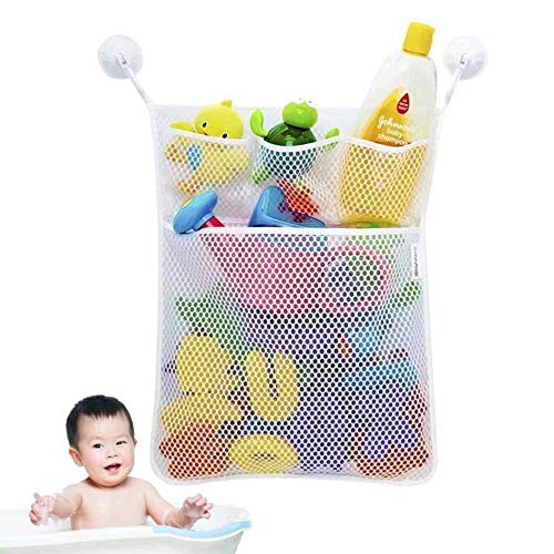 Image of Eutuxia Bath Toy Organizer, Quick Dry Hanging Mesh Net Bathtub Storage with 4 Pockets & 4 Adhesive Hooks for Kids Toys and Bathroom Essentials. Shower Caddy for Decor, Fun, Educational, 19.76" x 14"