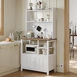 ChooChoo Pantry Cabinet with Charging Station, Kitchen Storage Cabinet with Microwave Stand, Farmhouse Kitchen Hutch with Storage for Living Room， Dining Room, Soft White