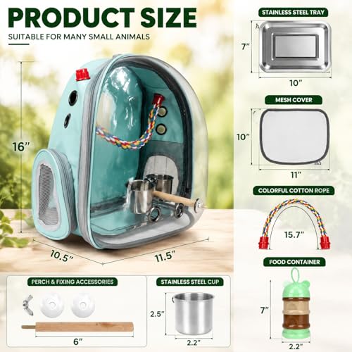 Rypet Bird Carrier Backpack Parrot Portable Breathable Bag Pet Bird Lightweight Travel Cage with Standing Perch and Stainless Steel Tray(Mint Green) - Image 3