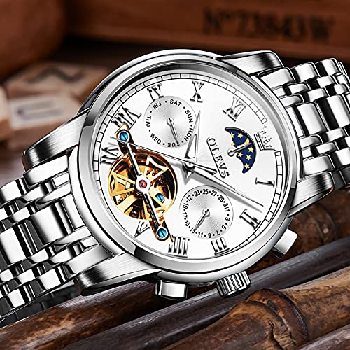 Image of OLEVS Men Watch Automatic Mechanical Skeleton Moon Phase Dress Business Stainless Steel 3AT Waterproof Luminous Men Wrist Watch