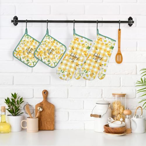 Arquiel Bee Daisy Oven Mitts and Pot Holders -100% Cotton, Heat Resistant Extra Long Oven Gloves & Hot Pads for Cooking BBQ Grilling Baking Gift, Set of 4 - Cosy Home Interiors Arquiel Bee Daisy Oven Mitts and Pot Holders -100% Cotton, Heat Resistant Extra Long Oven Gloves & Hot Pads for Cooking BBQ Grilling Baking Gift, Set of 4 - Image 5