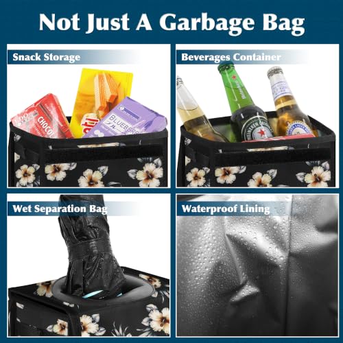 Image of Femuar Leak Proof Car Trash Can with Lid, Collapsible Hanging Waterproof Car Trash Bag with Mesh Pocket for SUV Front Seat Headrest, Hibiscus Flower