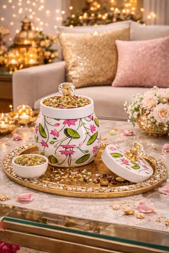 Image of Decorative Flower Printed Pichwai Jars | Metal Storage Jars with Lid | Traditional Indian Art Containers for Sweets, Spices, Pooja & Return Gifting