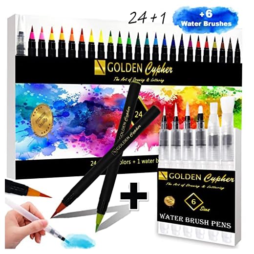 Rotuladores Lettering Acuarelables Punta Pincel 24 Colores Pack + 7 Pinceles Acuarela con Depósito de Agua Recargable – Marcadores Punta Nylon Caligrafía Dibujo Bullet Journal GOLDEN CYPHER