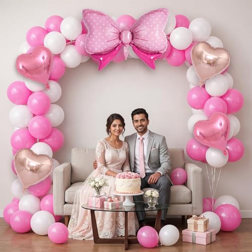 Image of Party Propz Bow Balloons Decoration Set - 26 Pcs Pink And White Balloons For Decoration's | Bow Theme Decorations Birthday | Heart Foil Balloon Decorations (latex)