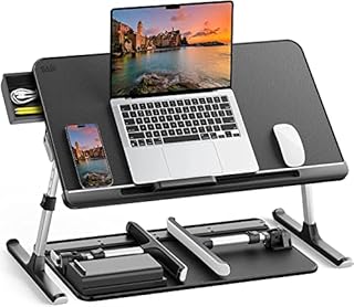 Laptop Bed Table, SAIJI 100% Eco-friendly wooden planks, Laptop Stand with Drawer, Folding Legs, 40kg Load, Angle Height Adjustable, Reading, Eating on Bed, Sofa, Laptop Lap Desk (Black 23.6*12.6in)
