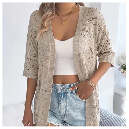 OYOANGLE Women's Crochet Hollow Out Knit Oversized Sweater Top 3/4 Sleeve Lightweight Open Front Cardigan3