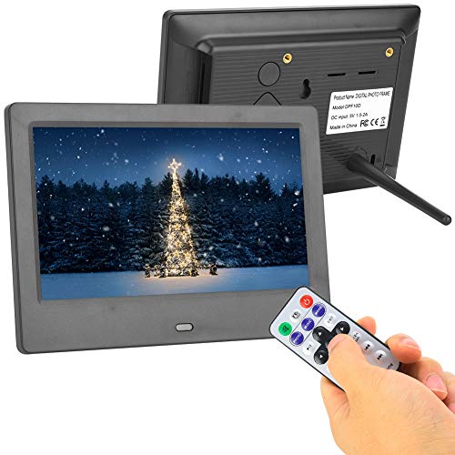 7 Zoll Bilderrahmen Digital mit Fernbedienung, TFT Display 16:9 Bildschirm Foto/Video/Musik Player mit Kalender Wecker, Unterstützt USB, SD/MS/MMC bis