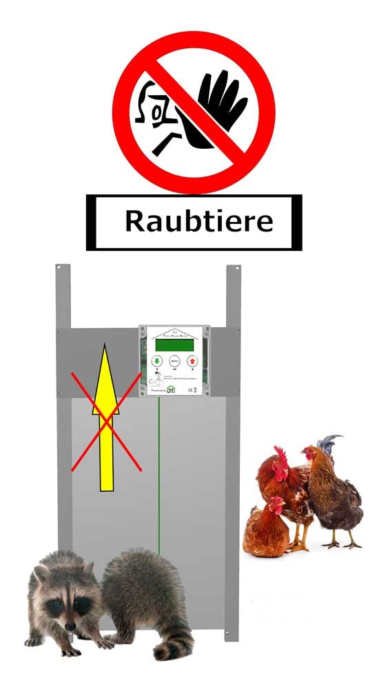 HK-Bat-RH Rahmengerät mit selbstverriegelnder Hühnerklappe 230x340 mm für Batteriebetrieb + Schaltung für Anlocklicht