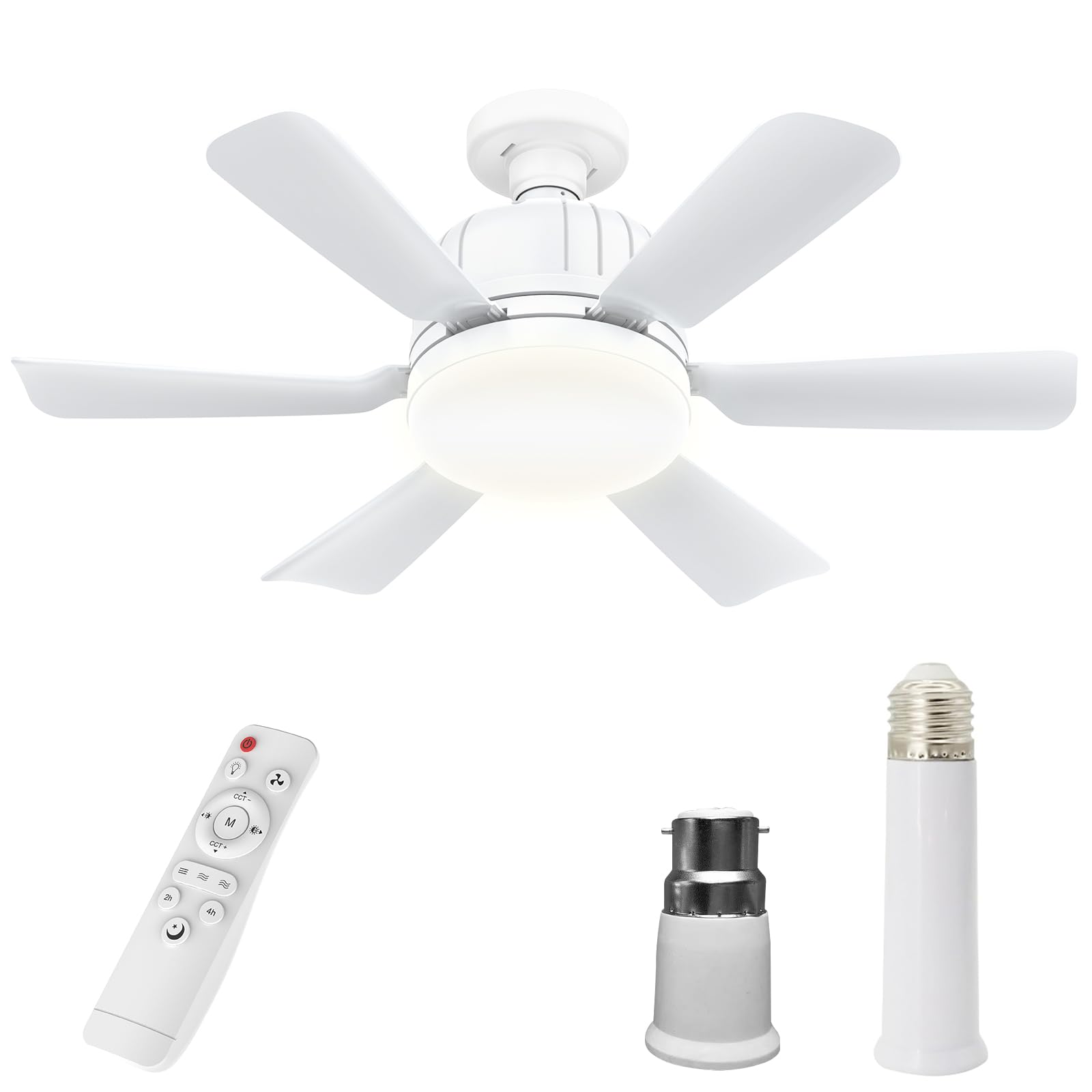 Kouamor 46cm Ventilateurs De Plafond Avec LumièRes TéLéCommande, Ventilateur Plafonds Connecté E27, Ventilateur Plafond Ampoule, 3 Couleurs & 3 Vitesses, Pour Salon Chambre (Blanc+Barre d'extension)