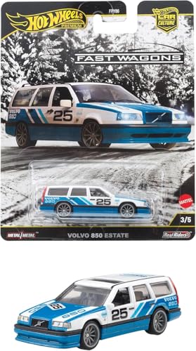 Image of Hot Wheels Premium Fast Wagons, 1:64 Volvo 850 Estate Scale Die-Cas Vehicle with Real Riders Tires 3 /5 (Blue /White)