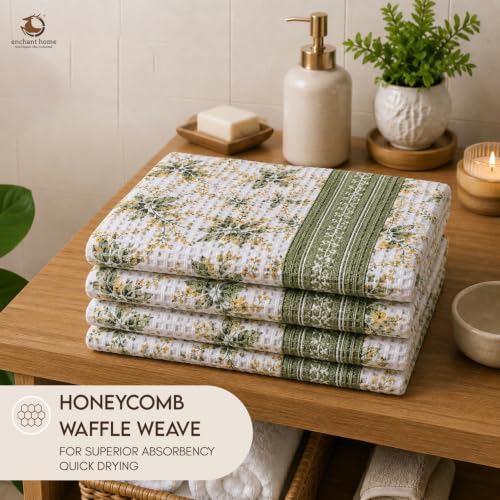 Image of Cotton Rich Printed Waffle Hand Towel | Lightweight | Anti Microbial & Water Absorbent | Soft Touch Quick Drying Towels (Sage Botanical, Pack of 4)