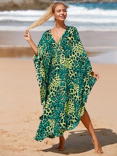 Image of IMAGEKOPE Women's Plus Size Animal Print V-Neck Batwing Kaftan Beach Dress Bathing Suit Cover-Up Loungewear