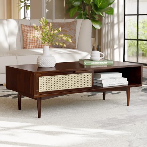 Bme Oliver Mid Century Coffee Table with Drawers and Open Storage – Solid Wood Accent Table with Rattan Detail and Adjustable Legs – Walnut