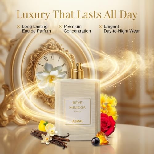 Image of Ajmal Oud Marquis Reve Mimosa Eau de Parfum for Women, 3.4 fl oz | Dreamy mimosa-floral women's EDP by Ajmal. Feminine, luminous, long-lasting. Crafted in Dubai, made in France.
