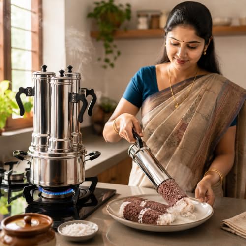Image of Nakshathra Stainless Steel Puttu Maker with Steamer 3 Plus 1 Free Extra Big with Caps, Puttu Kudam with Bakelite Handle, Induction & Gas Compatible, Toxin Free