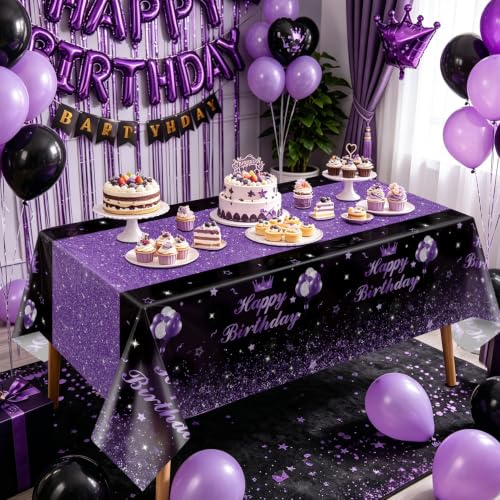 Image of 4 Pcs Happy Birthday Black and Purple Party Tablecloths - Purple Black Party Decorations Plastic Tablecloth Rectangular Table Covers for Boy Girl Baby Shower Birthday Table Supplies, 51 x 86.6 Inch