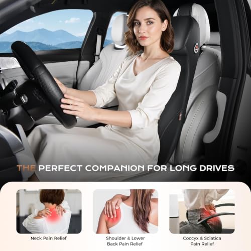 Image of Coverado Lumbar Support and Headrest Pillow for Car, Integrated Design Ergonomic Memory Foam Head Neck Support Pillow for Driving Seat, Soft Leather Breathable Back Support, Back Pain Relief, Black