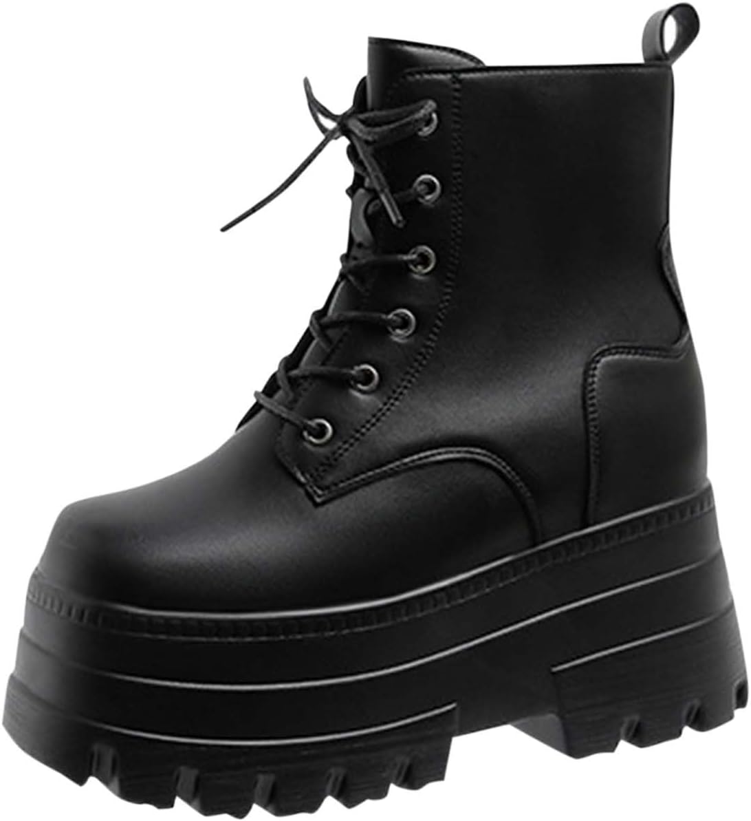Platform Boots for Women Ankle Booties Goth Lace Up Combat Boots PU Leather Mid Calf Riding Boot