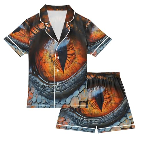 ALAZA Dragon Eye Satin Pajamas Set Short Sleeve Button Down Sleepwear Summer Pjs 2 Piece