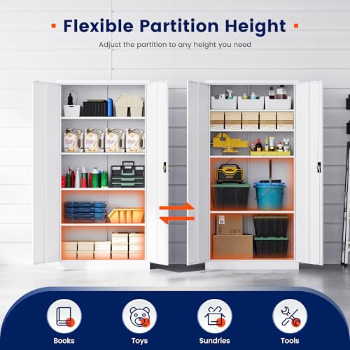 Image of Yizosh Metal Garage Storage Cabinet with Lock, 71 inch Locking Tool Cabinet with 2 Doors and 5 Shelves, Heavy Duty for Garage, Office, School (White)