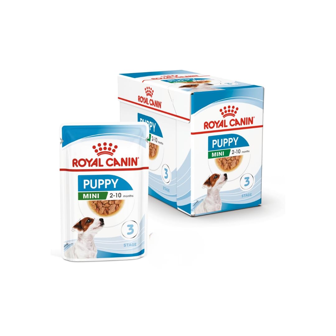ROYAL CANIN Mini Puppy | Paquete de 4 | 4 x 12 x 85 g | Comida húmeda para Cachorros de Razas pequeñas | hasta 10 Meses de Edad | Trozos Finos en Salsa | Textura Suave para Dientes de Leche