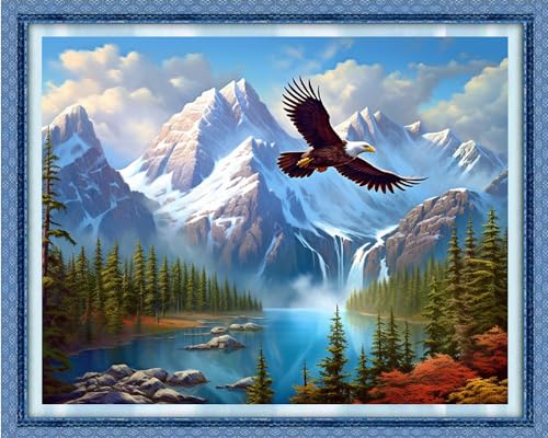 Image of Dooxvey Cross Stitch Kits for Adults Beginners - Full Range of Stamped Kits - 11CT Cross Stitch Patterns - Mountain River Flying Eagles - 16x20 inch