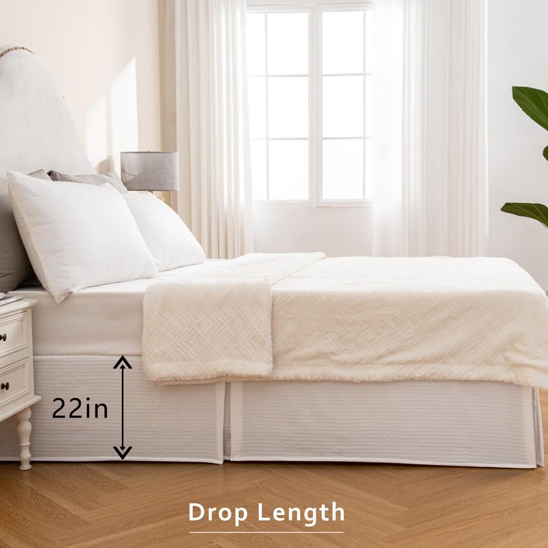 Image of MIYE Pleated Waffle Weave Bed Skirt, Tailored Dust Ruffle 22 Inch Drop Easy Fit, Machine Washable (White, Full - 22 inch Drop)