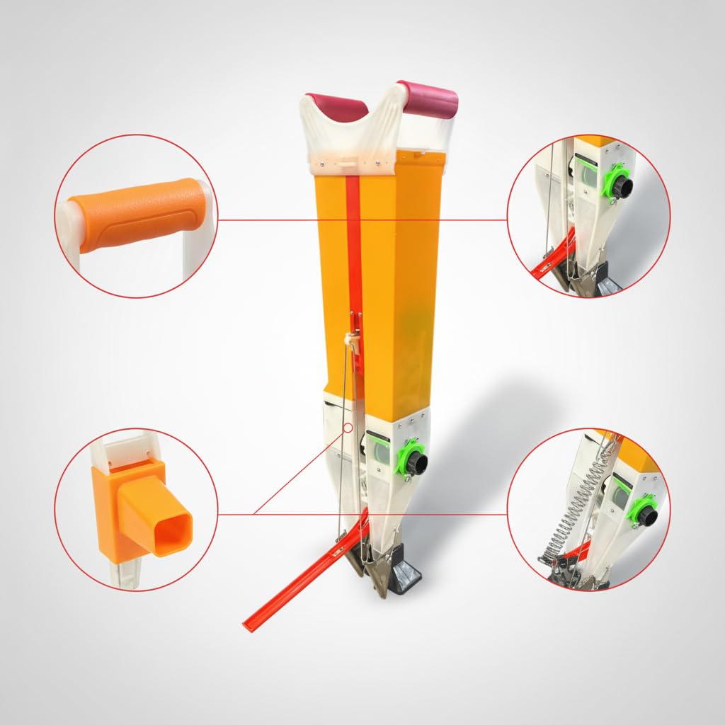 Manuelle Sämaschine, Einstellbarer, Lineal enthalten, Manuelles Düngergerät, Vorbereitung der Beete, Für Selbstversorger, Orange, Doppelmund-Sämaschine mit 6 Saaträdern, kann säen und düngen