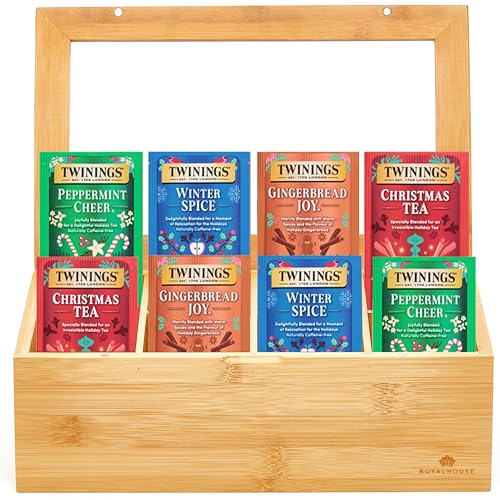 Twinings Christmas Holiday Tea Bag Variety Pack (60 Count), 4 Seasonal Flavors in a Bamboo Tea Chest Organizer, Gift for Women, Men, Friends, Couples, Mom, Dad, Family