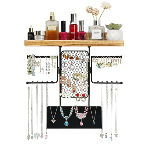 BNING Hanging Jewelry Organizer, Wall Jewelry Organizer with Shelf for Women, Rustic Wooden Necklace Holder Wall Mounted, Earring Holder Organizer Display for Earrings Bracelets Necklaces