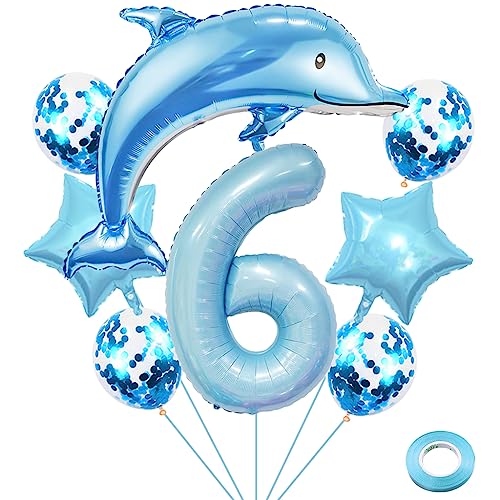 Weenkeey 6 ans dauphin anniversaire ballon dauphin géant aluminium feuille ballon 6 ans polyester film ballon animaux marins thème fête ballon garçon anniversaire...
