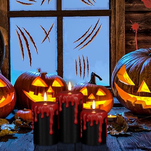 Image of Eldnacele Black Flameless Pillar Candles Battery Operated with 6H Timer, Red Real Wax Dripping Effect 3D Wick Flickering LED Candle Lights Dinner Halloween Decoration(3 Pack, 3 x 4,5,6 Inches)