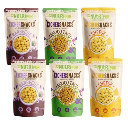 Snacks de garbanzos: patatas fritas crujientes de guisantes de harina de garbanzos deliciosos picantes – 3 variedades de bocadillos de garbanzos – aperitivos salados veganos de NutriPur 6 x 120 g