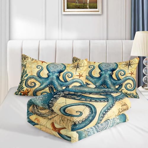 Image of AILONEN Vintage Octopus Twin Comforter Set, Nautical Compass Artwork Printed Ensemble, 3 Piece Microfiber Down Alternative Fill for Students Dorm Residents