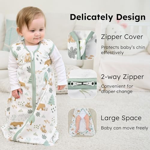 Image of Baby Sleep Sack 0-6 months, 100% Cotton Sleeping Sack for Newborn and Infant, 3 Pack Baby Wearable Blanket, 0.5 Tog Lightweight Double Zipper Sleep Bag Small Green Forest Bear