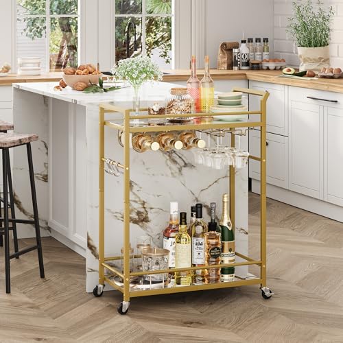 Image of 3 Tier Bar Cart, Small Beverage Cart, Mini Bar Cart with Wine Rack, Home Bar Serving Cart with Wheels for Dining Living Room (Gold, Mirrored) GBC106GU