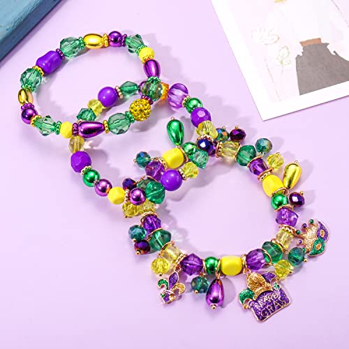 3PCS Mardi Gras Bracelets for Women Glitter Fleur De Lis Mask Jester Hat Charm Bracelets Beaded Stretch Bracelet Set for Carnival Parade Outfits Mardi Gras Accessory2