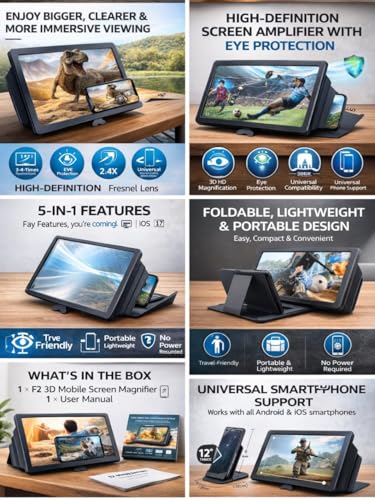 Image of VAMIKO Mobile Phone Screen Magnifier 3D HD | Foldable Smartphone Screen Enlarger with Stand | Anti-Glare Magnifying Glass | Universal for Android & iPhone | Video, Movie & Gaming Viewer