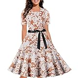 BIBOKAOKE Winterkleider Damen Knielang Elegant Partykleid Rundhals Rockabilly Vintage Kleid Kurzarm Blusenkleid Business Cocktailkleid Bedrucktes A-Linie Kleid Swing Kleid Festliche Kleider